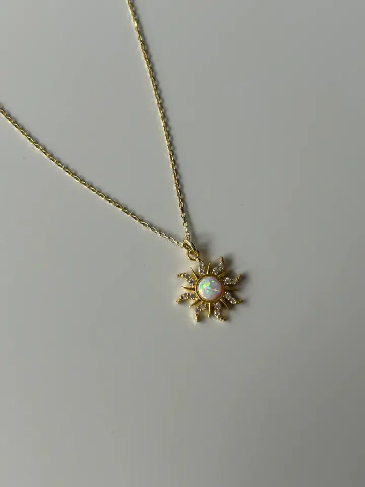925 Ayar Gümüş Beyaz Opal Doğaltaş Güneş Kolye