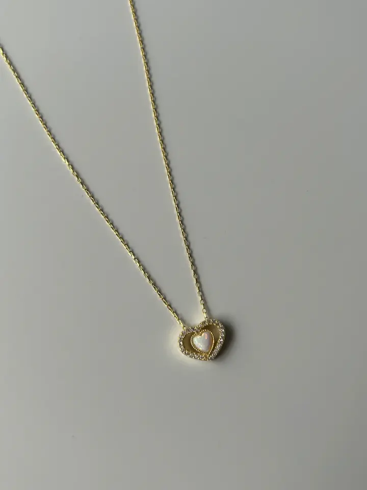 925 Ayar Gümüş Beyaz Opal Doğaltaş Kalp Kolye