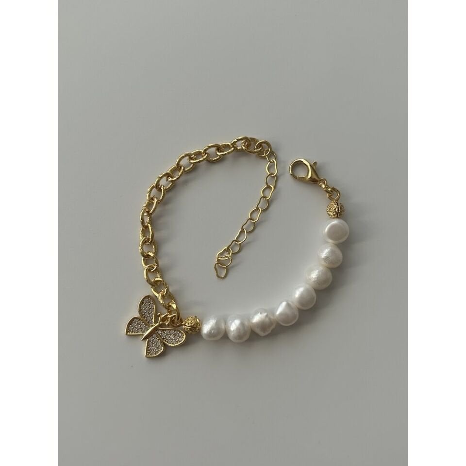 Zirkon Kelebek Charm İnci/Zincir Bileklik