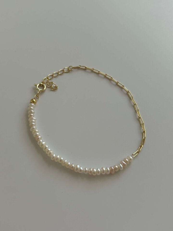 925 Ayar Gümüş Minimal Zincir Charm İnci Bileklik